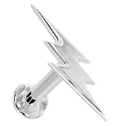 14k white gold lightning bolt flat back labret stud, angled view showing polished silver-tone bolt shape