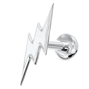 Angled front view of 14k white gold lightning bolt labret stud showing bolt face and round flat disc backing