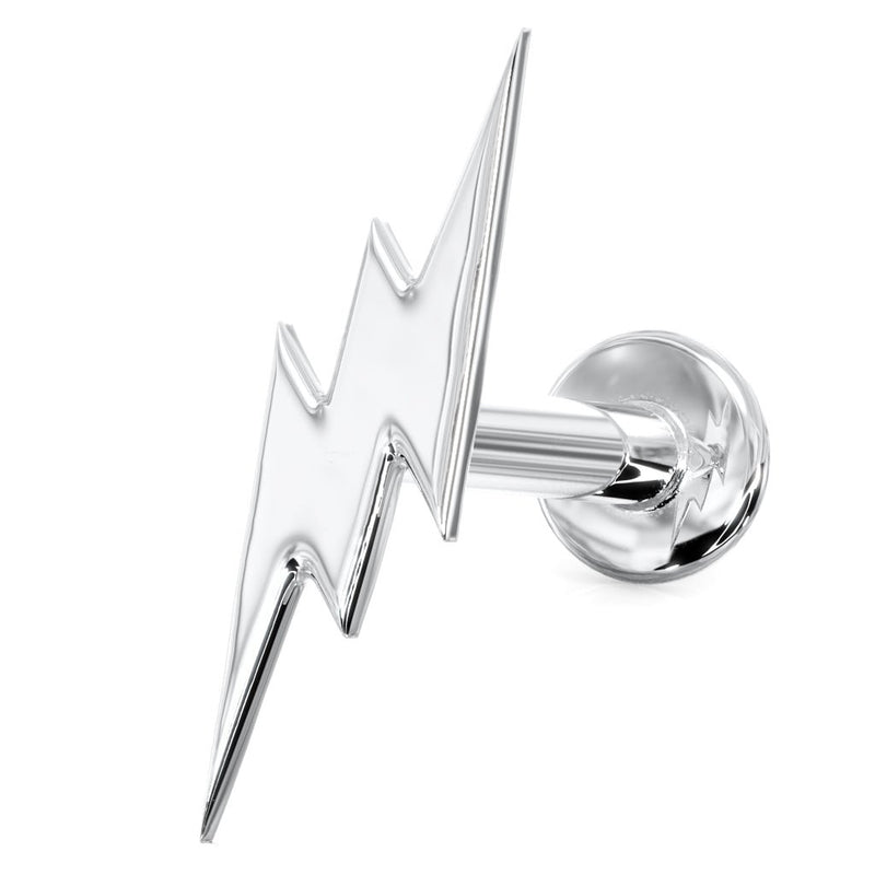 Angled front view of 14k white gold lightning bolt labret stud showing bolt face and round flat disc backing