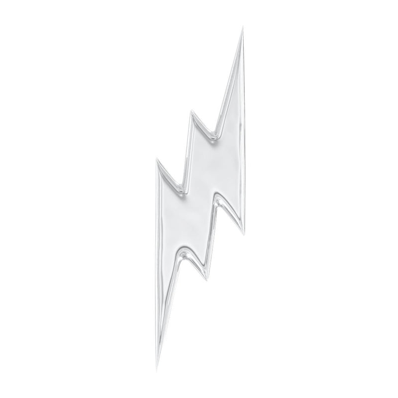 Front flat view of 14k white gold lightning bolt stud top, showing engraved bolt shape and sharp pointed tips