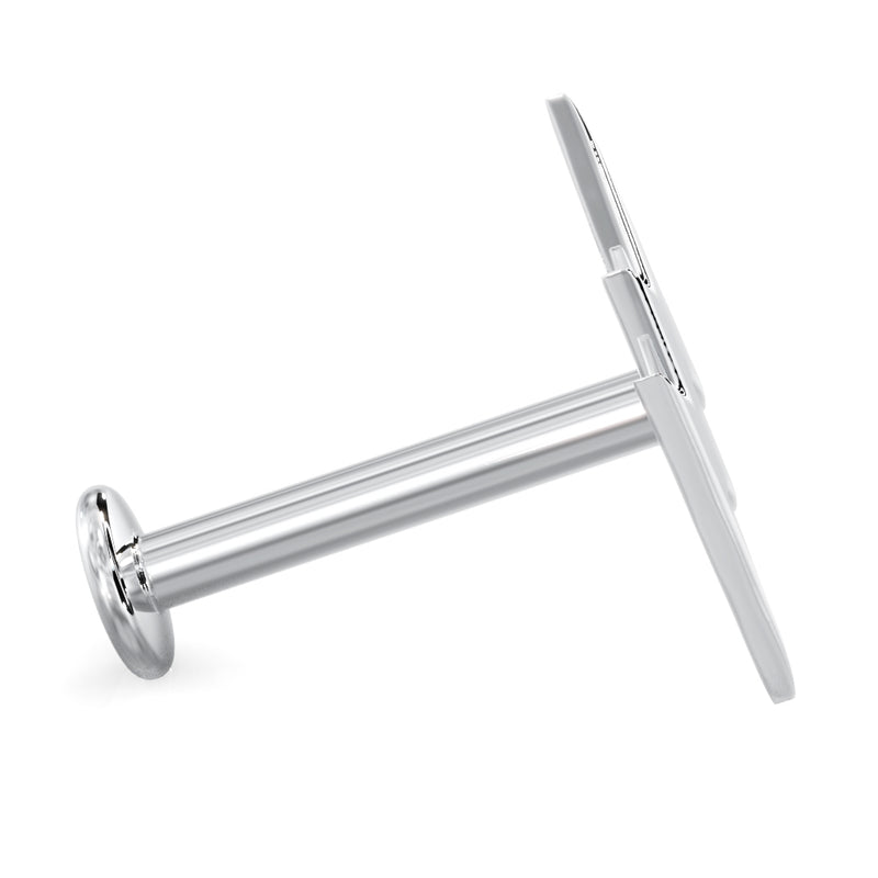 Side profile of 14k white gold lightning bolt flat back stud showing post length and flat disc back detail