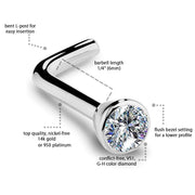 L post diamond bezel nose ring diagram with labeled flush bezel setting and 6mm barbell length