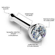 Bone-style diamond bezel nose ring diagram showing ball end, 6mm length, and VS1 diamond details