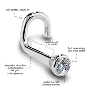 Annotated diagram of twist-style diamond bezel nose stud with measurements and material details