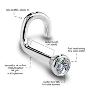 Diagram of 14k white gold diamond bezel nose ring twist style with labeled features and measurements