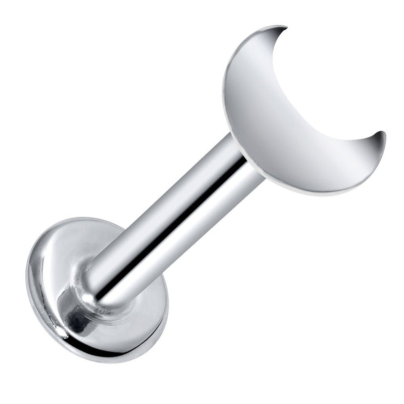 14K white gold crescent moon flat back labret, front-facing view on white background showing polished finish