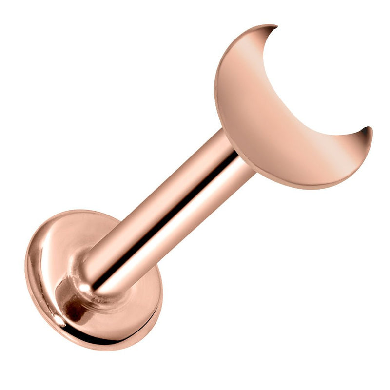 14K rose gold crescent moon flat back labret, front-facing view on white background showing warm rose tone