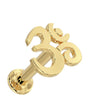 14k yellow gold Om symbol flat back labret stud, angled view showing post and flat disc back