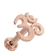 14k rose gold Om symbol flat back labret stud, angled view showing post and flat disc back