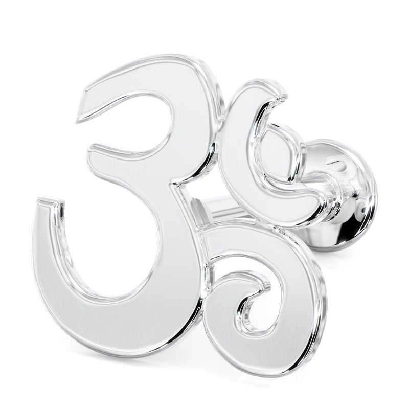 Angled close-up of 14k white gold Om ohm stud top showing polished symbol detail and ball backing