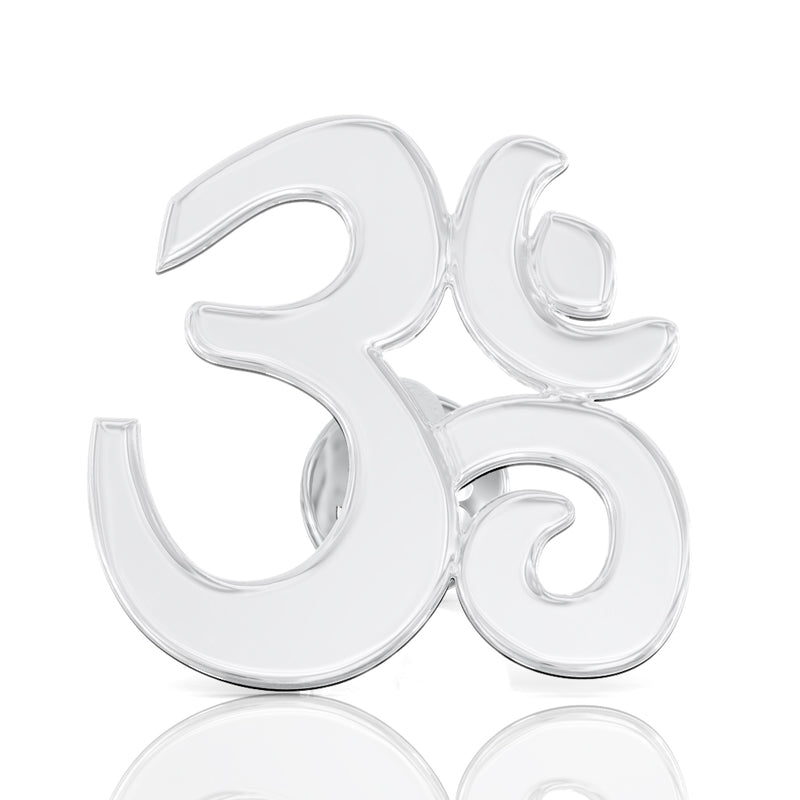 Front view of 14k white gold Om ohm symbol labret stud, polished finish detail