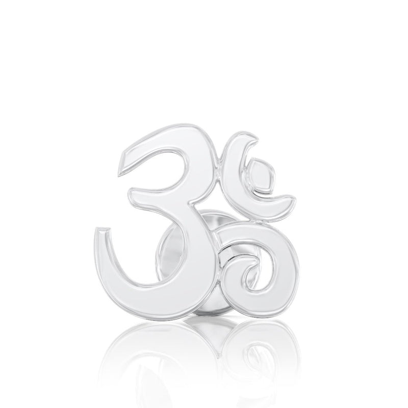 Front view close-up of 14k white gold Om ohm charm detail on flat back cartilage stud