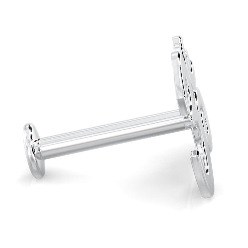 Pure side profile of Om ohm flat back labret post showing flat disc, straight barbell, and top end