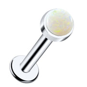 14k white gold flat back labret stud with 3mm white opal cabochon in polished bezel setting