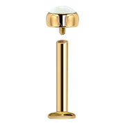 14k yellow gold opal flat back labret shown disassembled, revealing threaded top and post with flat disc base