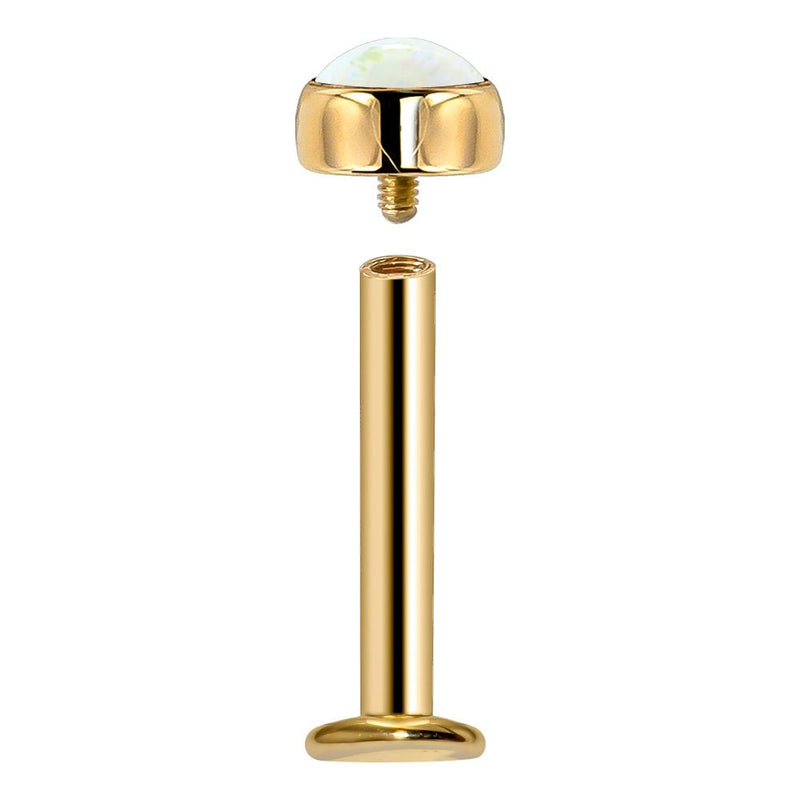 14k yellow gold opal flat back labret shown disassembled, revealing threaded top and post with flat disc base