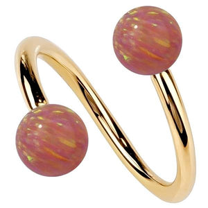 14k yellow gold twister spiral barbell with dual simulated pink opal ball ends, front view
