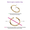 Instructional diagram showing correct and incorrect ways to open a gold seamless seam ring