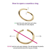 Instructional diagram showing correct and incorrect ways to open a gold seamless seam ring