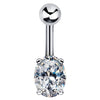 14k white gold navel ring with large oval CZ in four-prong setting, front view