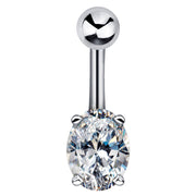 14k white gold navel ring with large oval CZ in four-prong setting, front view