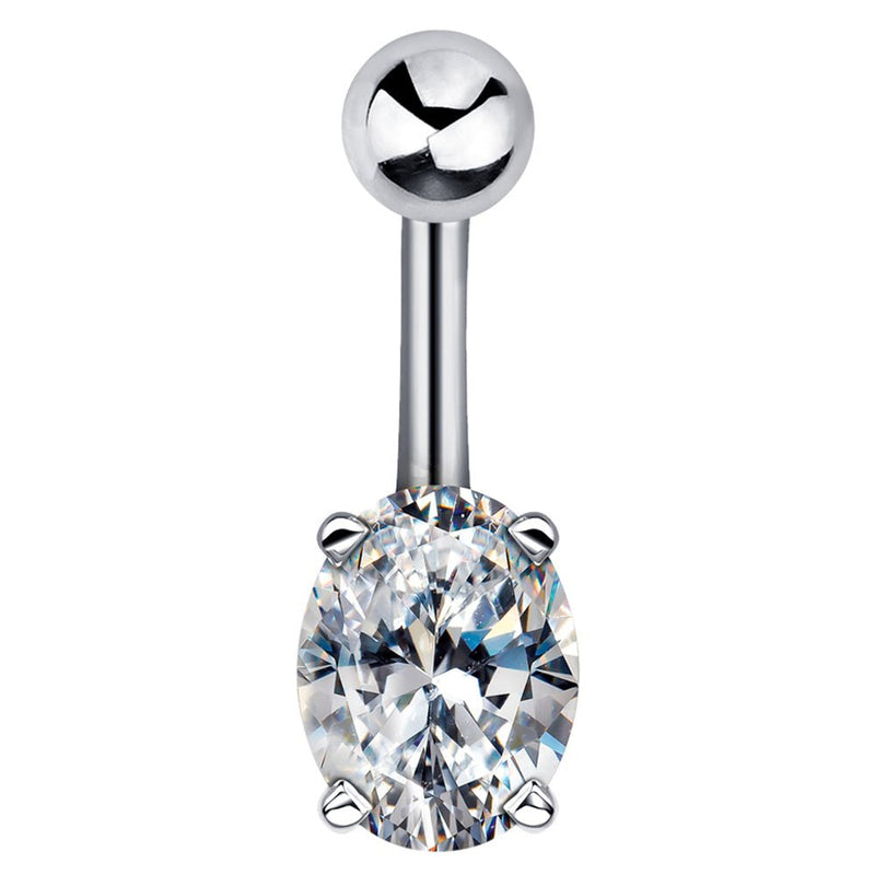 14k white gold navel ring with large oval CZ in four-prong setting, front view