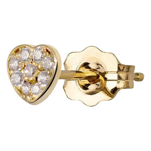 14K yellow gold paved heart stud earring with diamond CZ stones and butterfly backing, front and reverse view