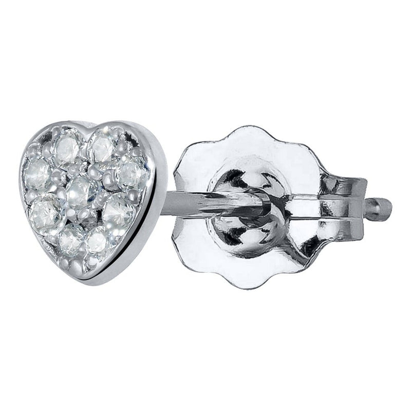 14K white gold paved heart stud earring with sparkling stones and butterfly backing, front and side view