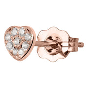 14K rose gold paved heart stud earring with diamond CZ pave setting and butterfly backing