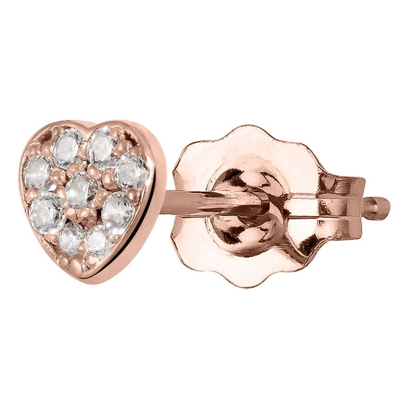 14K rose gold paved heart stud earring with diamond CZ pave setting and butterfly backing