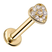 14k yellow gold CZ paved heart flat back labret stud, angled view showing post and flat disc back