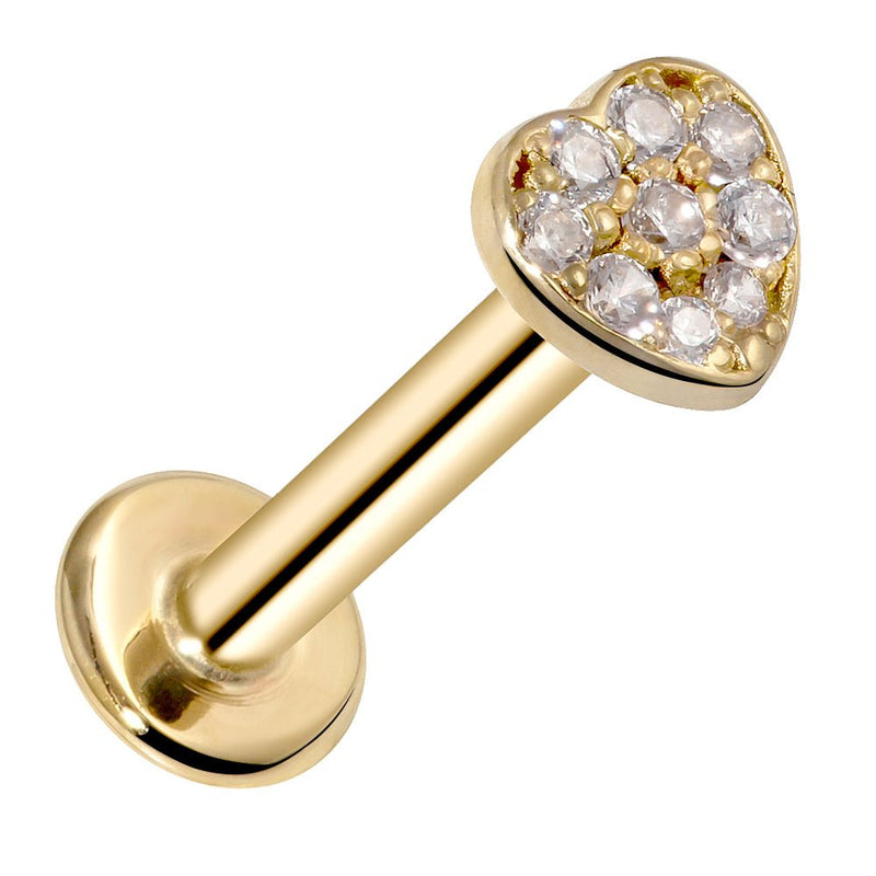 14k yellow gold CZ paved heart flat back labret stud, angled view showing post and flat disc back