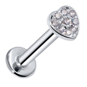 14k white gold CZ paved heart flat back labret stud, angled view showing polished post and disc