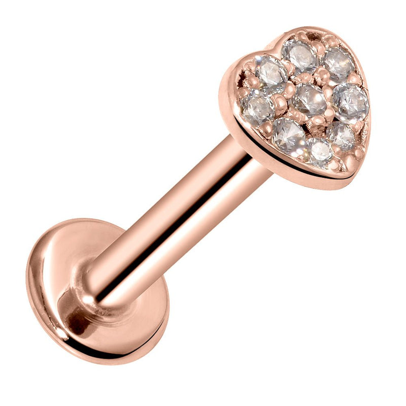 14k rose gold CZ paved heart flat back labret stud, angled view highlighting warm rose tone