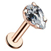 14k rose gold pear-shaped diamond flat back labret stud, angled view highlighting warm gold prong setting