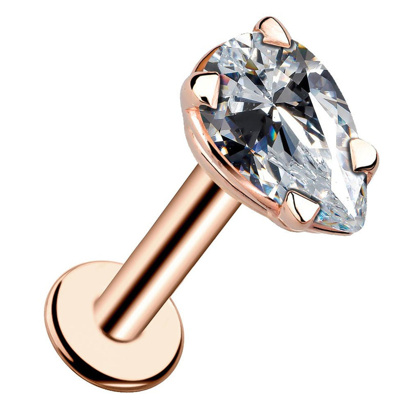 14k rose gold pear-shaped diamond flat back labret stud, angled view highlighting warm gold prong setting