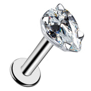 14k white gold pear-shaped diamond flat back labret stud, angled view showing multi-prong setting and flat disc