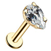 14k yellow gold pear-shaped diamond flat back labret stud, angled view showing prong setting and post