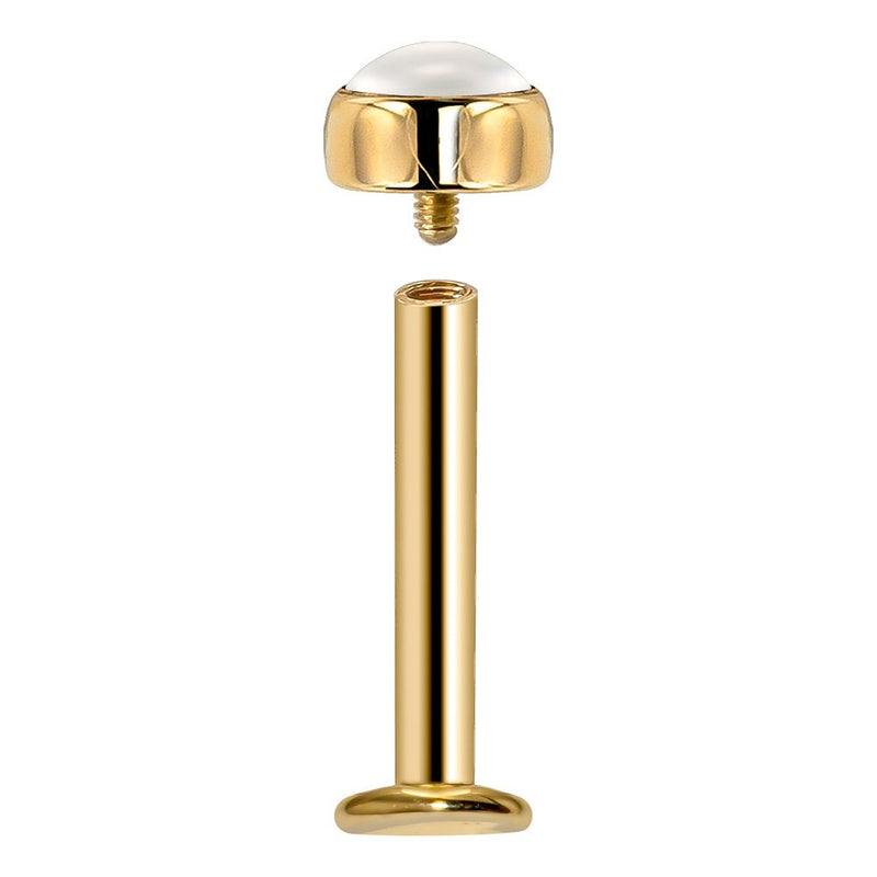 Exploded view of 14k gold pearl flat back labret showing threaded gem end separated from barbell post