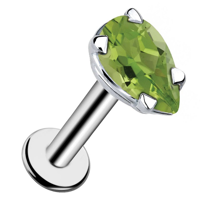 14k white gold peridot pear-shaped flat back labret stud with prong setting, angled product view
