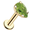 14k yellow gold peridot pear-shaped flat back labret stud with prong setting, angled product view