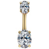 14k yellow gold belly ring with dual prong-set clear oval CZ stones, front view