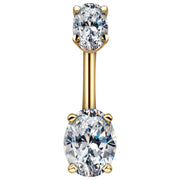 14k yellow gold belly ring with dual prong-set clear oval CZ stones, front view