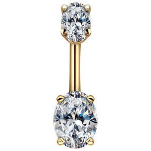 14k yellow gold belly ring with dual prong-set clear oval CZ stones, front view