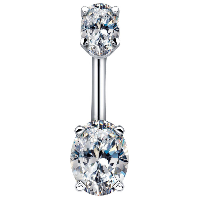 14k white gold belly ring with dual prong-set clear oval CZ stones, front view