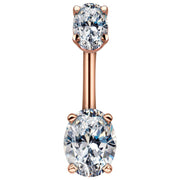 14k rose gold belly ring with dual prong-set clear oval CZ stones, front view