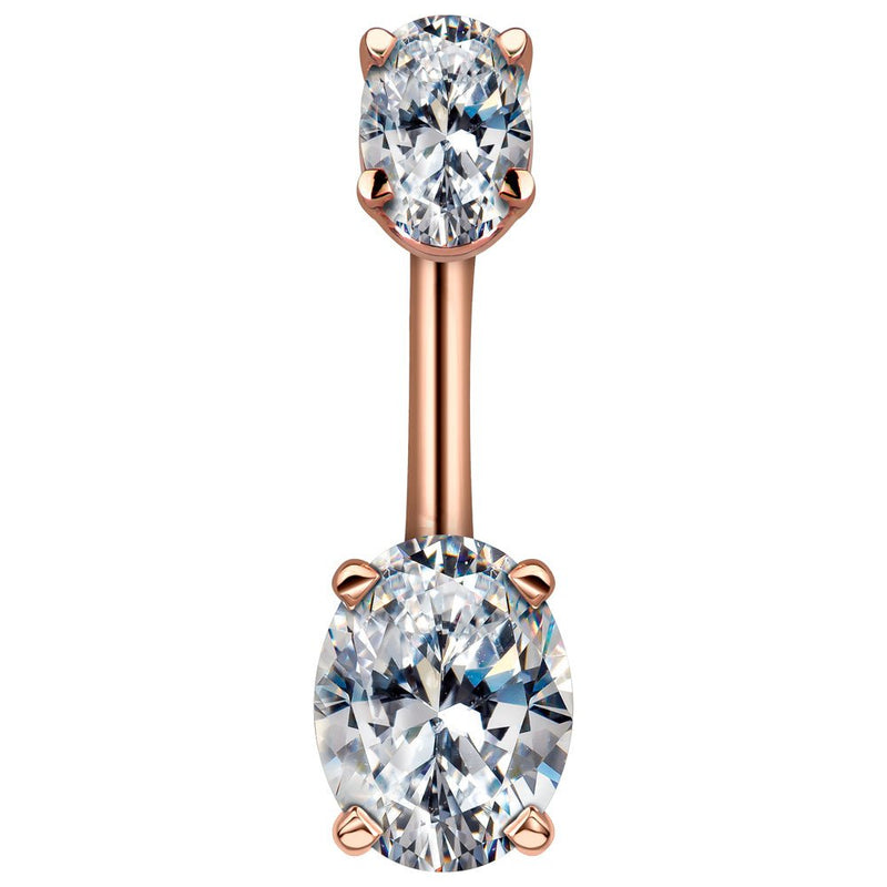 14k rose gold belly ring with dual prong-set clear oval CZ stones, front view
