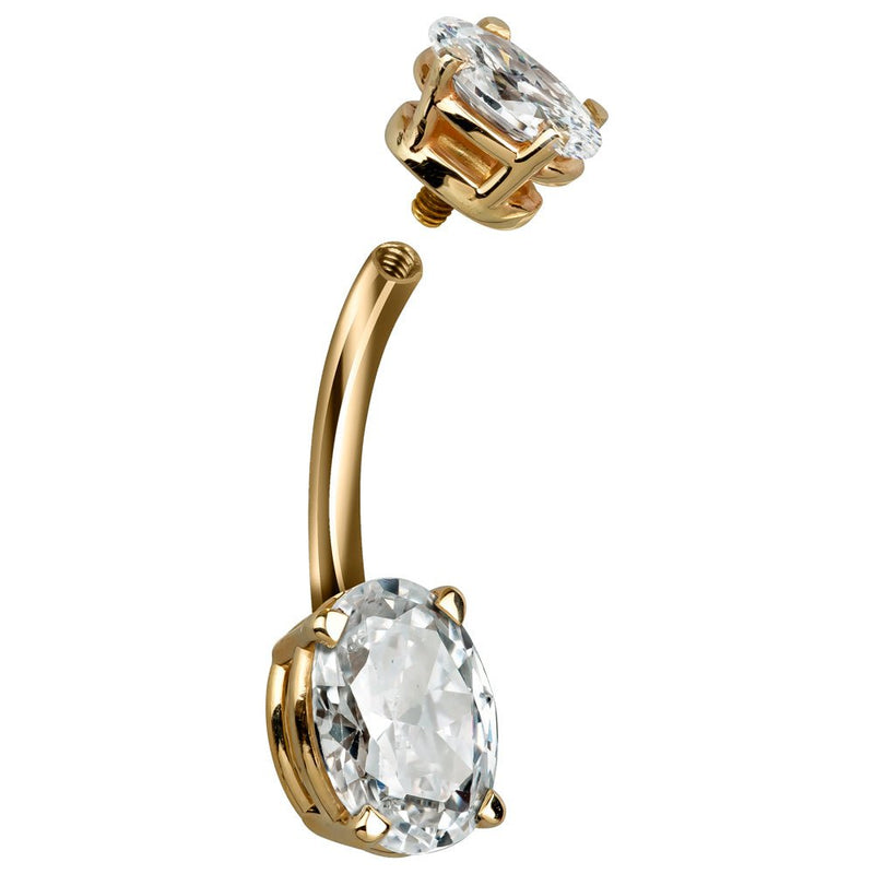 14k yellow gold oval CZ belly ring with top ball removed, showing internally threaded connection