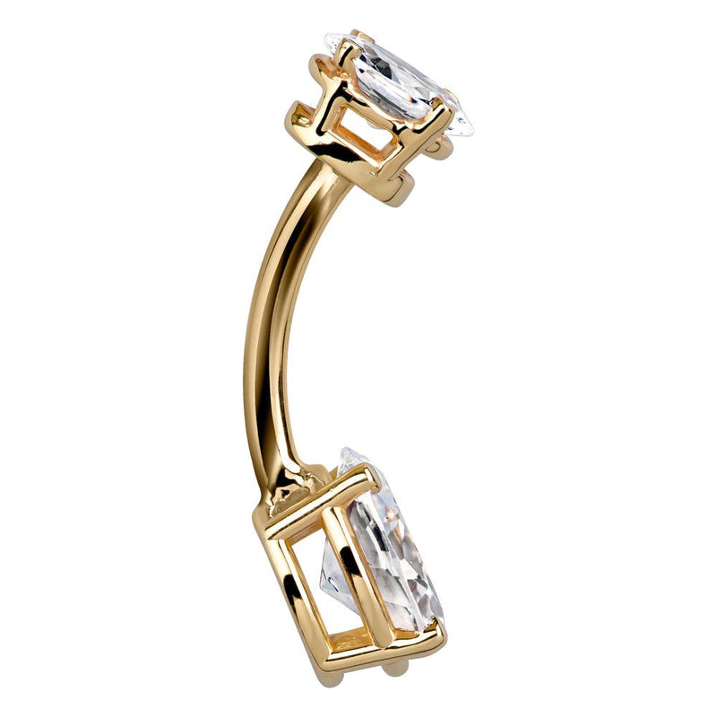 Side profile of 14k yellow gold oval CZ belly ring showing curved barbell and prong setting depth