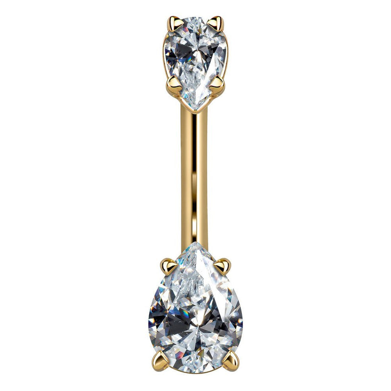 14k yellow gold belly ring with two clear CZ pear-shaped gems in prong settings, front view